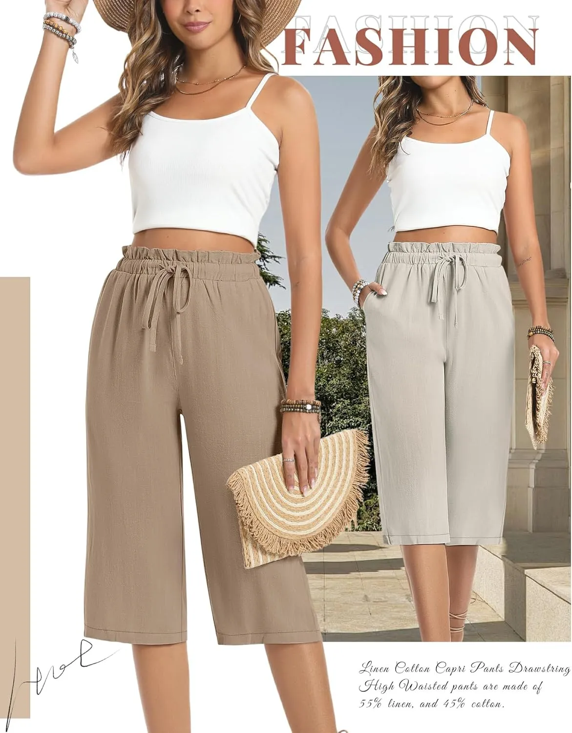 2 Pack Women's Linen Cotton Capri Pants Drawstring High Waisted Loose Wide Leg Casual Summer Trousers with Pockets