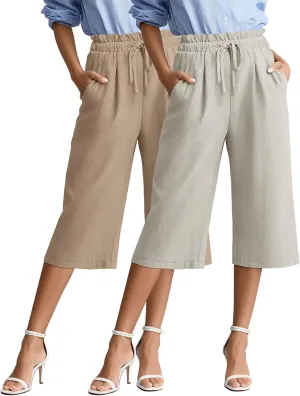 2 Pack Women's Linen Cotton Capri Pants Drawstring High Waisted Loose Wide Leg Casual Summer Trousers with Pockets