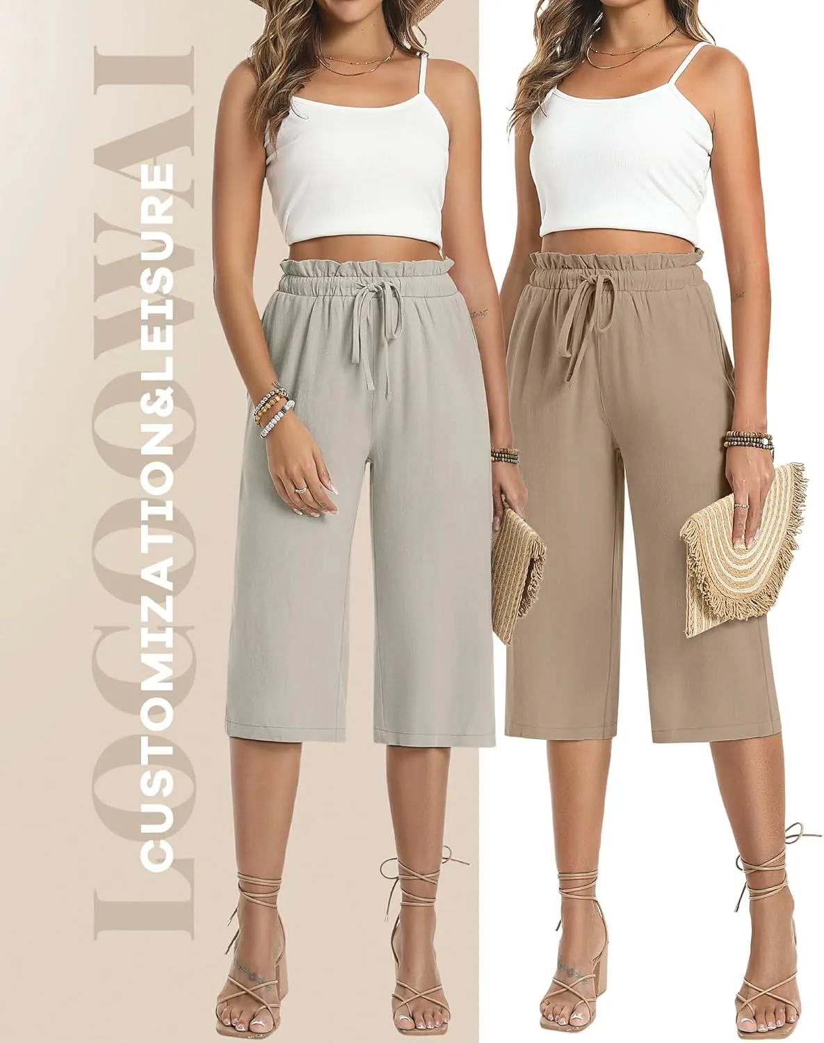 2 Pack Women's Linen Cotton Capri Pants Drawstring High Waisted Loose Wide Leg Casual Summer Trousers with Pockets