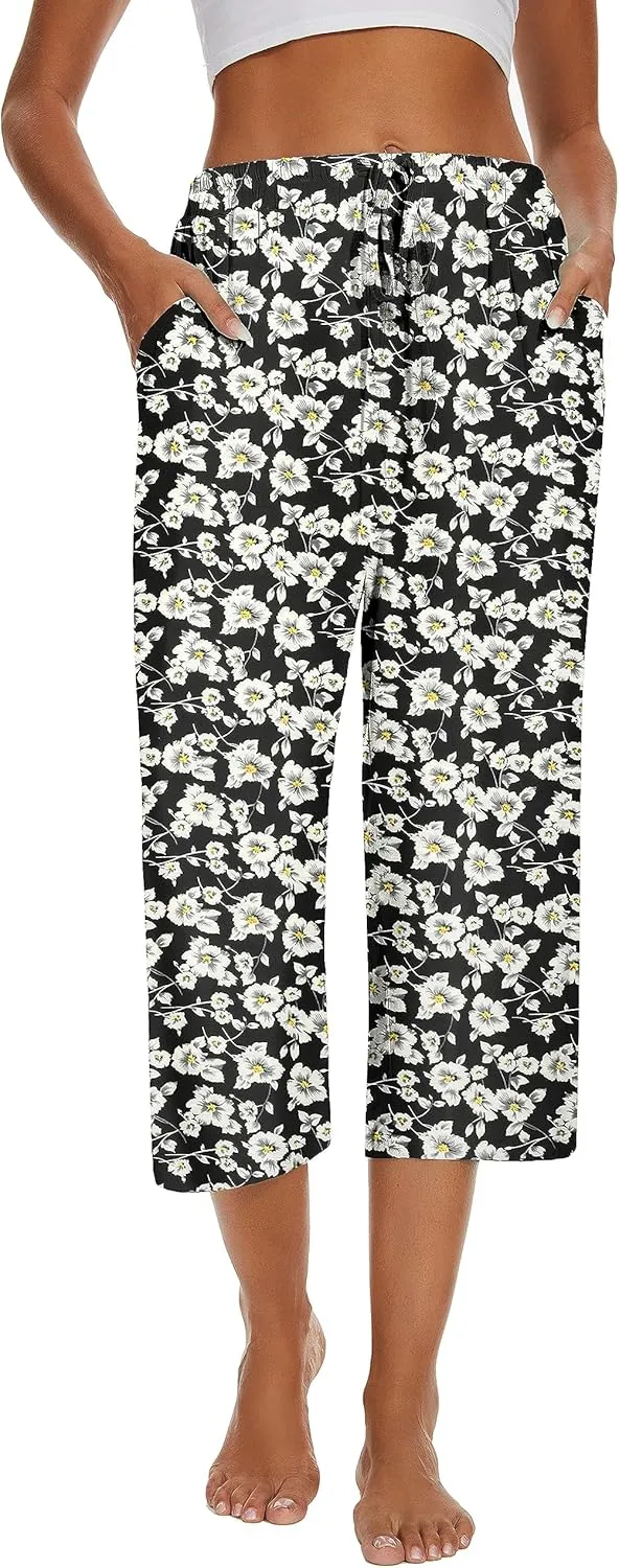 2 Pack Womens Pajama Pants Capri Sleep Lounge Pants Drawstring Pj Bottoms with Pockets