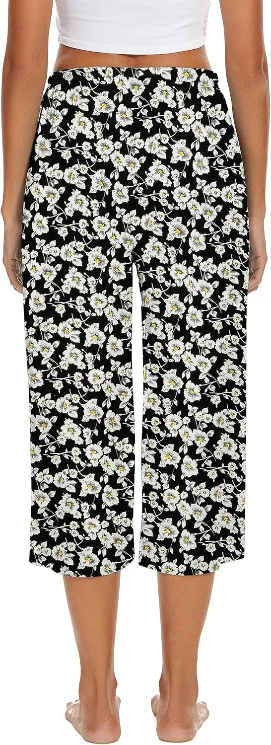 2 Pack Womens Pajama Pants Capri Sleep Lounge Pants Drawstring Pj Bottoms with Pockets