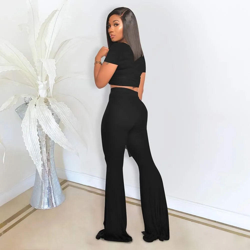 2 Piece Outfits for Women Workout Sets - Sexy Crop Top   High Waisted Flared Long Pant Sets Track Suits Yoga Sports