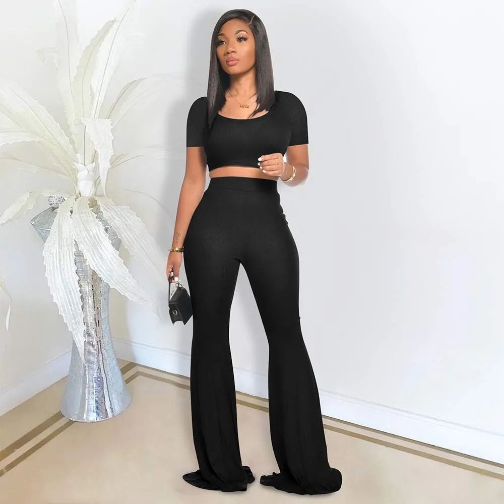 2 Piece Outfits for Women Workout Sets - Sexy Crop Top   High Waisted Flared Long Pant Sets Track Suits Yoga Sports