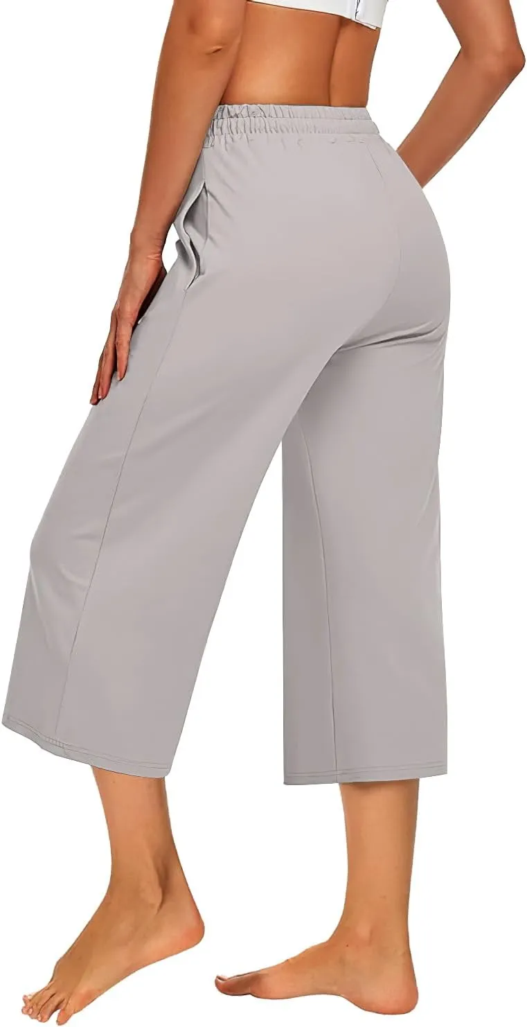 3 PACK Womens Capri Pants Loose Yoga Pants Wide Leg Drawstring Comfy Lounge Pajama Capris Loose Sweatpants with Pocket