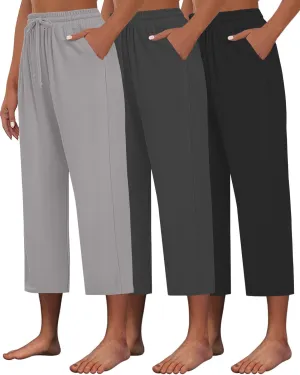 3 PACK Womens Capri Pants Loose Yoga Pants Wide Leg Drawstring Comfy Lounge Pajama Capris Loose Sweatpants with Pocket