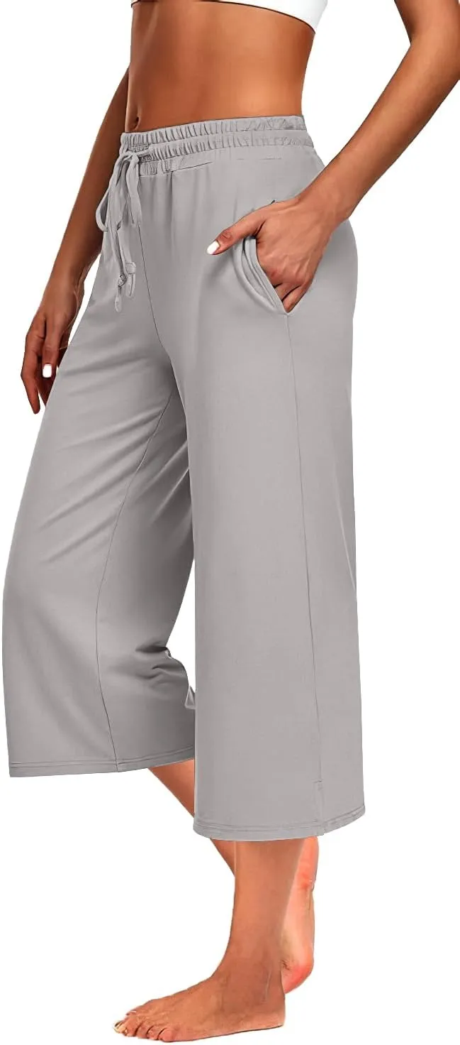 3 PACK Womens Capri Pants Loose Yoga Pants Wide Leg Drawstring Comfy Lounge Pajama Capris Loose Sweatpants with Pocket