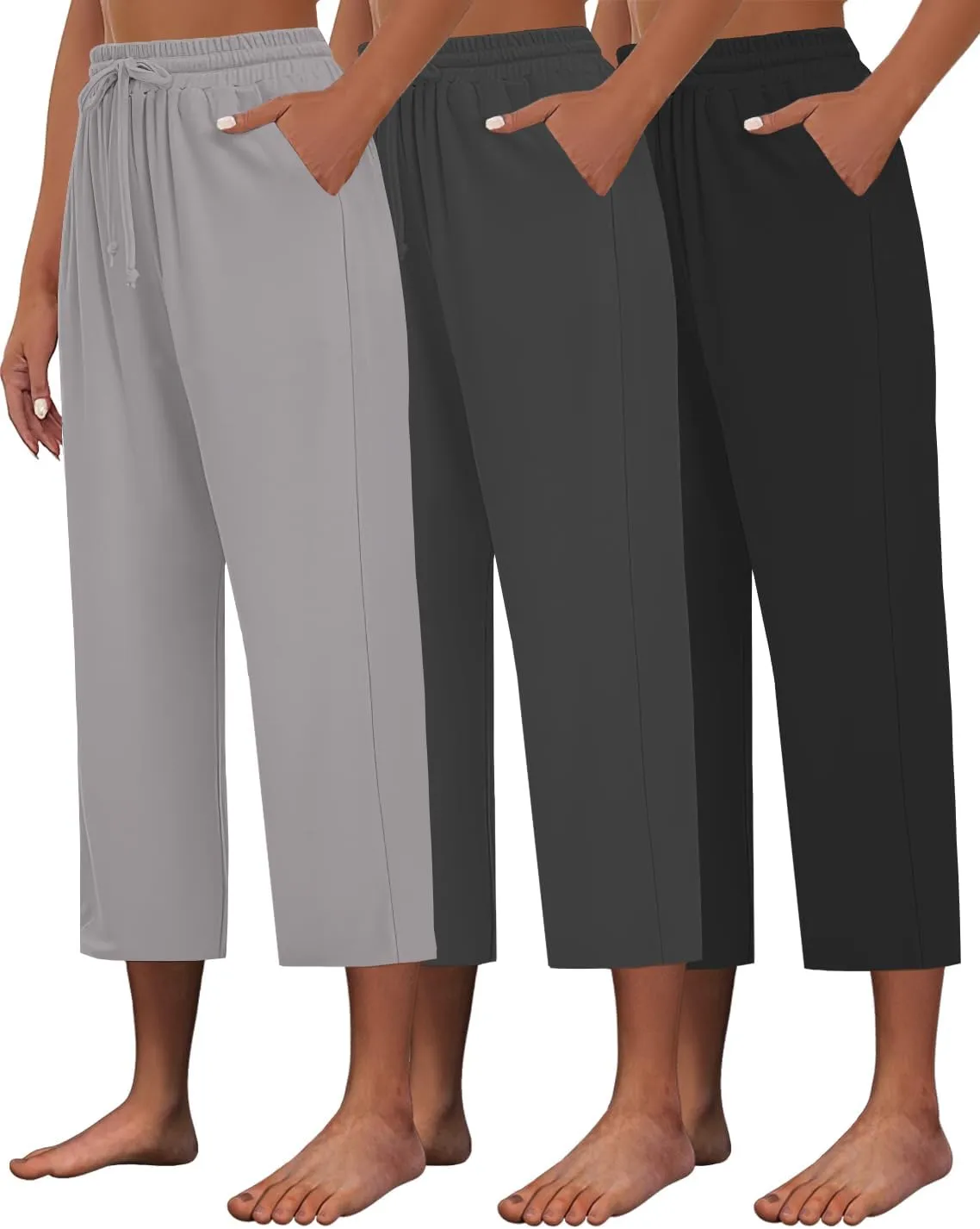 3 PACK Womens Capri Pants Loose Yoga Pants Wide Leg Drawstring Comfy Lounge Pajama Capris Loose Sweatpants with Pocket