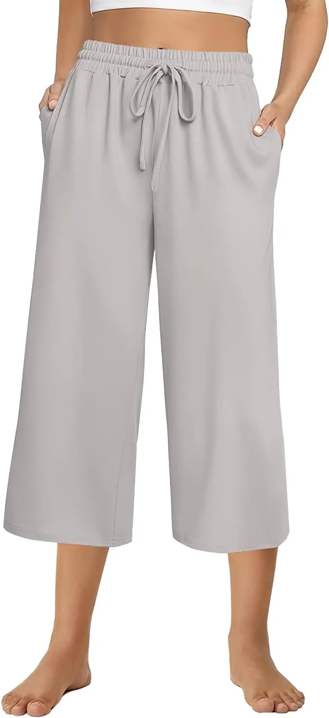 3 PACK Womens Capri Pants Loose Yoga Pants Wide Leg Drawstring Comfy Lounge Pajama Capris Loose Sweatpants with Pocket