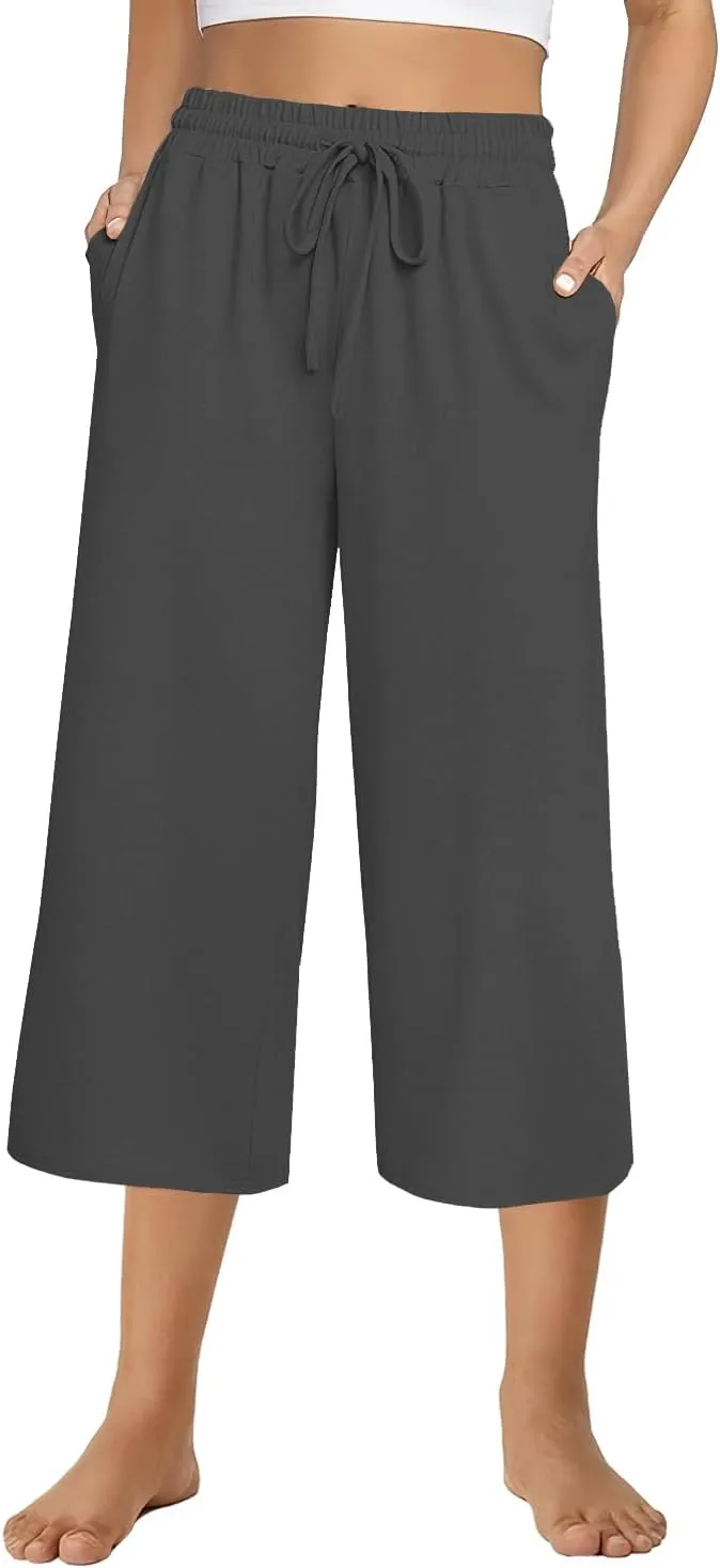 3 PACK Womens Capri Pants Loose Yoga Pants Wide Leg Drawstring Comfy Lounge Pajama Capris Loose Sweatpants with Pocket