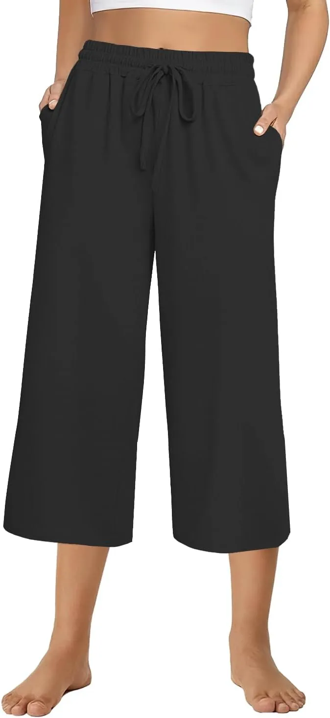 3 PACK Womens Capri Pants Loose Yoga Pants Wide Leg Drawstring Comfy Lounge Pajama Capris Loose Sweatpants with Pocket