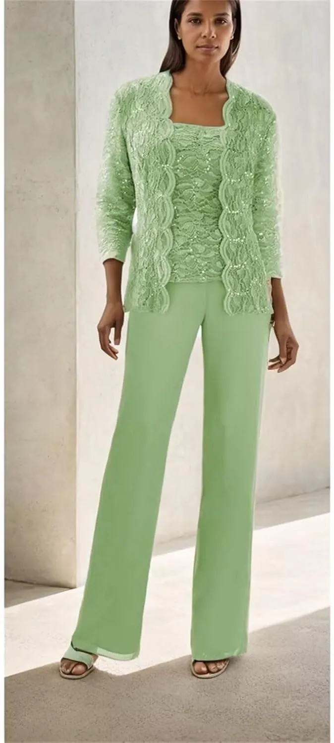 3 Pieces Mother of The Bride Pant Suits Formal Outfit Lace Chiffon Grandmother Wedding Guest Dresses