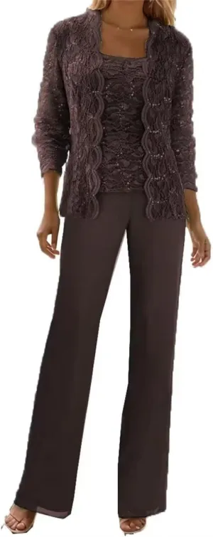 3 Pieces Mother of The Bride Pant Suits Formal Outfit Lace Chiffon Grandmother Wedding Guest Dresses