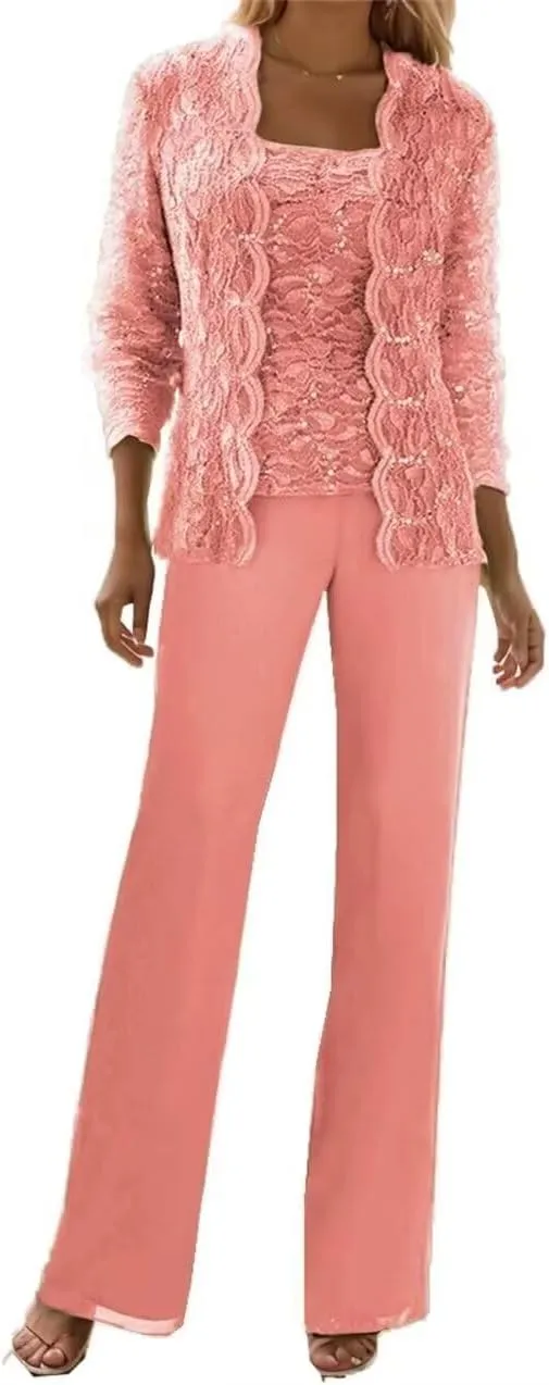 3 Pieces Mother of The Bride Pant Suits Formal Outfit Lace Chiffon Grandmother Wedding Guest Dresses