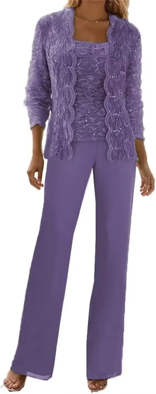 3 Pieces Mother of The Bride Pant Suits Formal Outfit Lace Chiffon Grandmother Wedding Guest Dresses