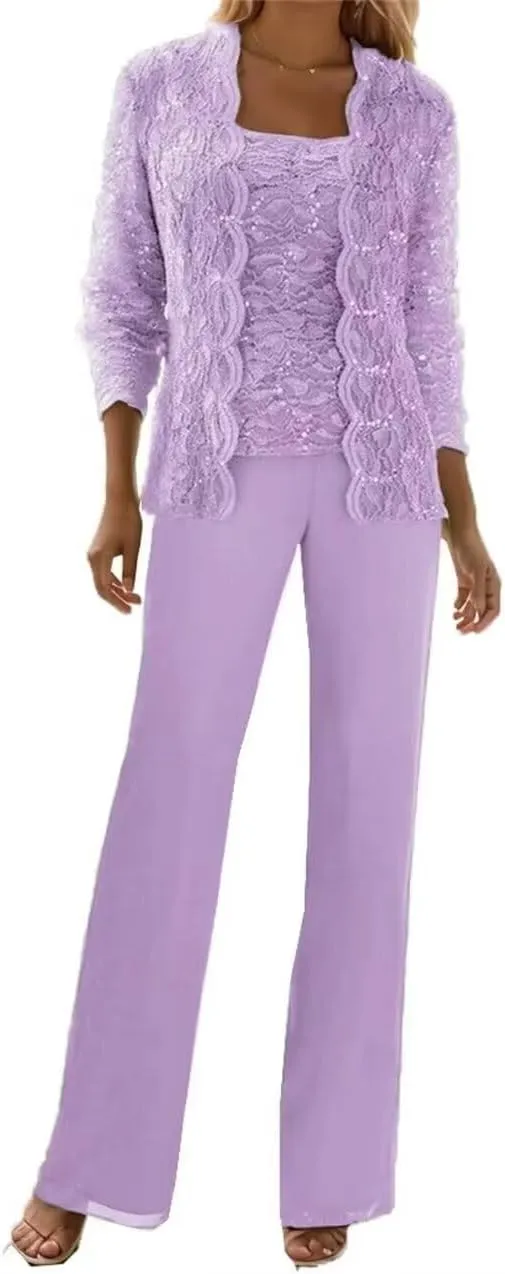 3 Pieces Mother of The Bride Pant Suits Formal Outfit Lace Chiffon Grandmother Wedding Guest Dresses