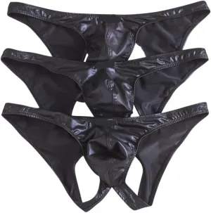 3PCS Mens Briefs Sexy Underwear PU Leather Underpants Bulge Pouch Bikini Male Homme Panties Backless Men's Lingerie