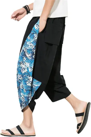 AAPAH Men Harem Pants Summer Cotton Joggers Calf-Length Male Chinese Style Print Trousers