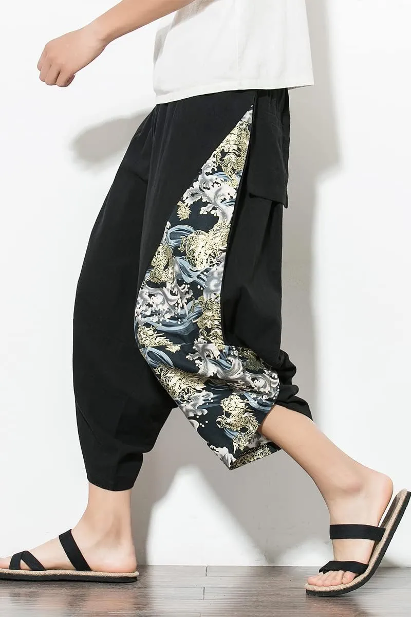 AAPAH Men Harem Pants Summer Cotton Joggers Calf-Length Male Chinese Style Print Trousers