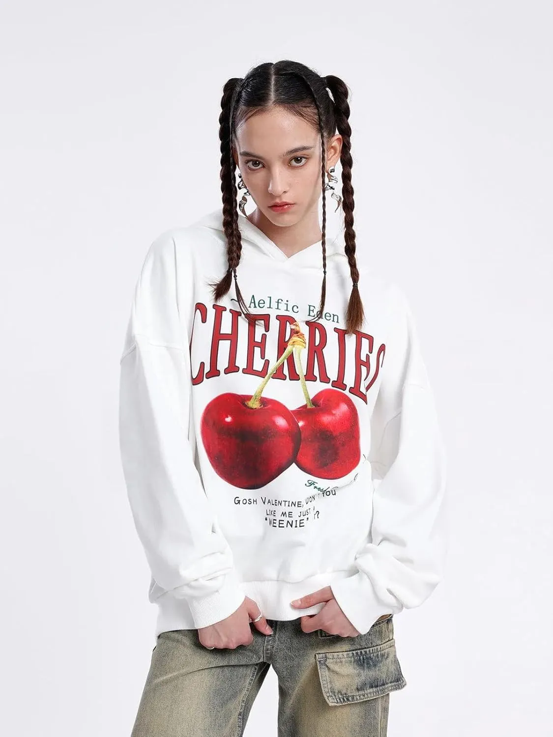 Aelfric Eden Graphic Hoodies Unisex Cherries Printed Oversized Hoodie Sweatshirt Long Sleeve Streetwear Hooded Pullover