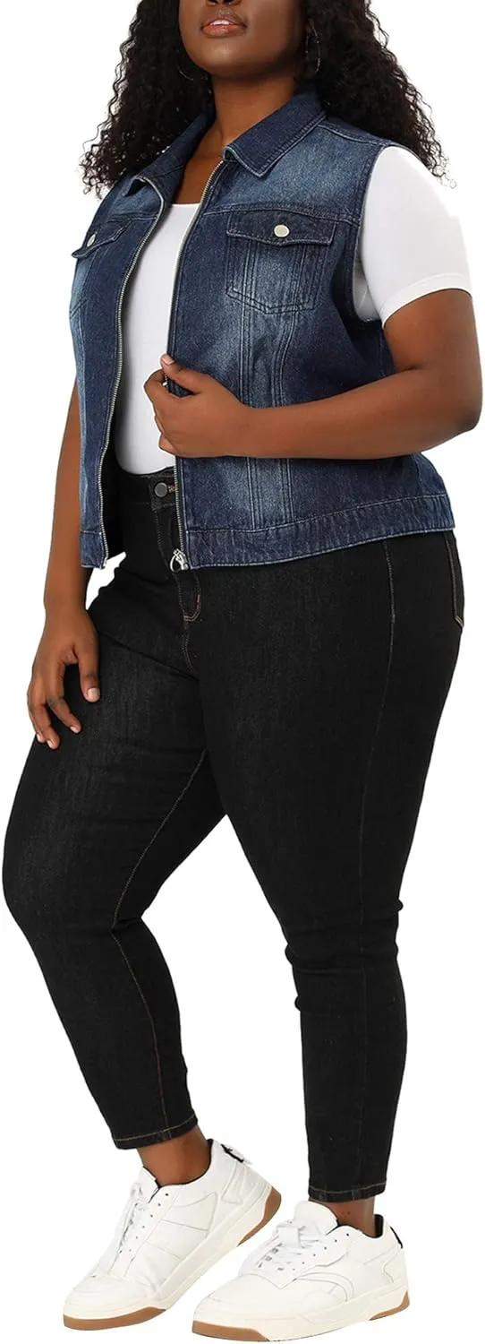 Agnes Orinda Plus Size Denim Vest for Women Sleeveless Zip Up Button Down Jeans Jacket Vest