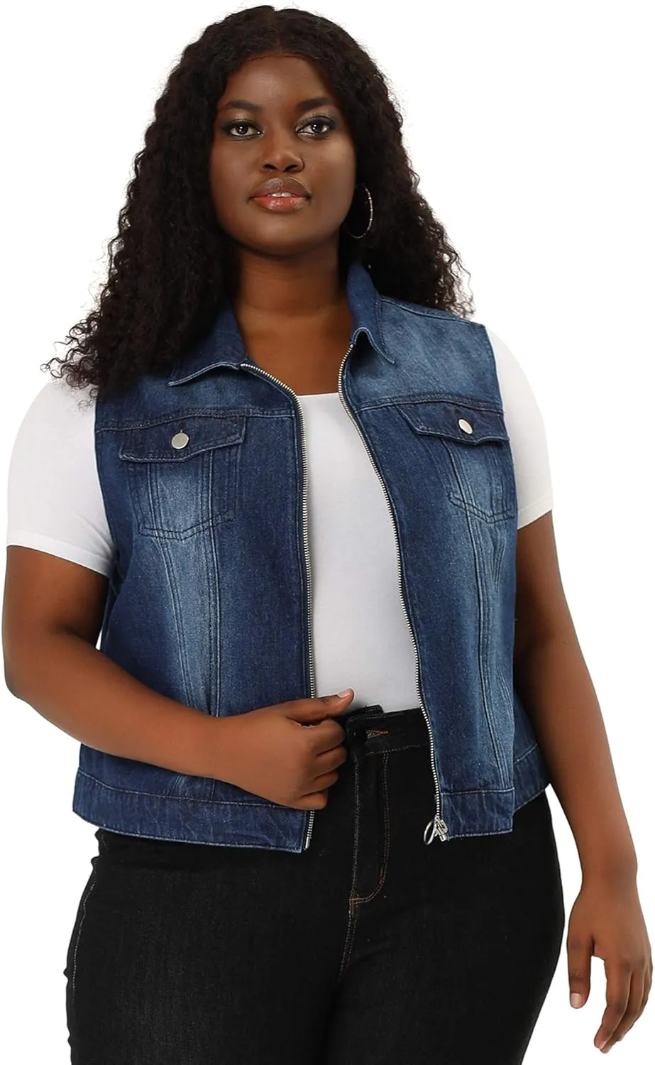 Agnes Orinda Plus Size Denim Vest for Women Sleeveless Zip Up Button Down Jeans Jacket Vest