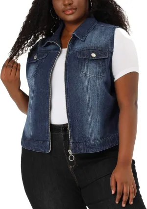 Agnes Orinda Plus Size Denim Vest for Women Sleeveless Zip Up Button Down Jeans Jacket Vest