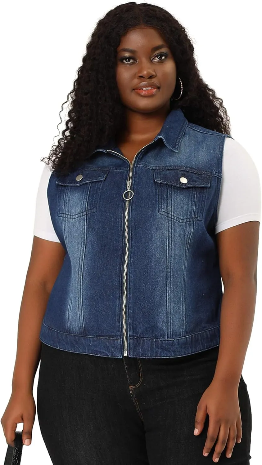 Agnes Orinda Plus Size Denim Vest for Women Sleeveless Zip Up Button Down Jeans Jacket Vest