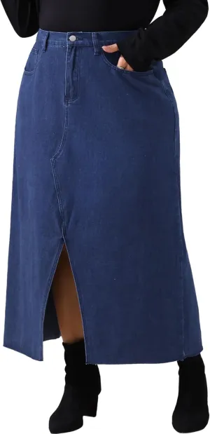 Agnes Orinda Women's Plus Size Vintage Denim Maxi Skirt Frayed Raw Hem High Waist Front Slit Long Jean Skirts