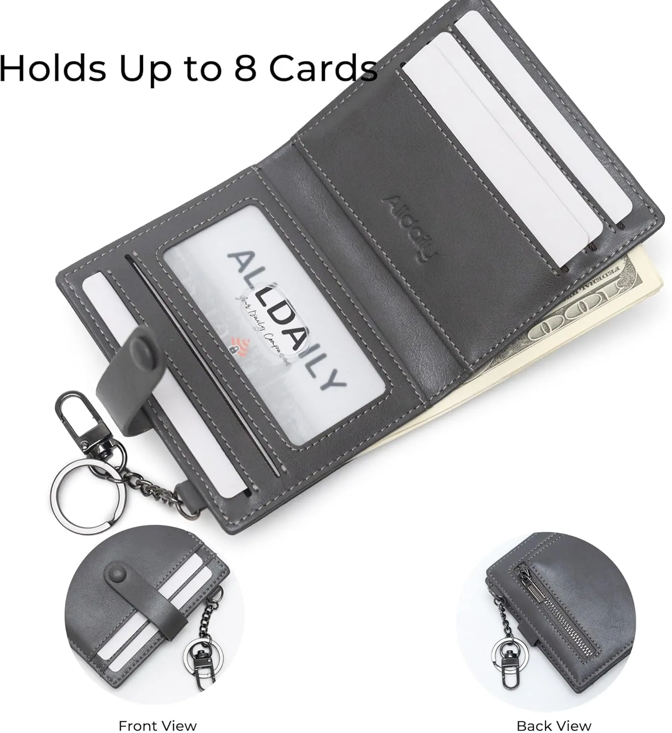 Alldaily Slim Keychain Wallet for Women, RFID Blocking Small Bifold Travel Credit Card Holder (Grey)