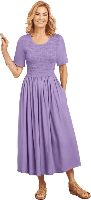 AmeriMark Smocked-Waist Dress with Elbow Sleeves and Scoop Neckline - Midi Dress with Full Gathered Skirt - Rayon Knit