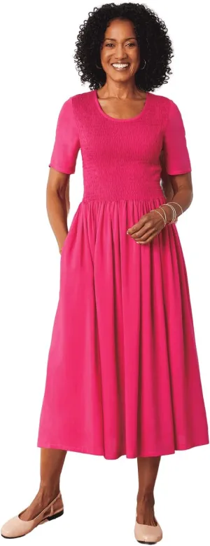 AmeriMark Smocked-Waist Dress with Elbow Sleeves and Scoop Neckline - Midi Dress with Full Gathered Skirt - Rayon Knit