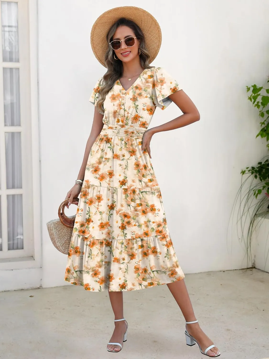 ANRABESS Womens Summer Casual Short Sleeve V Neck Midi Dresses Button Down A Line Flowy Tiered 2025 Boho Beach Dress