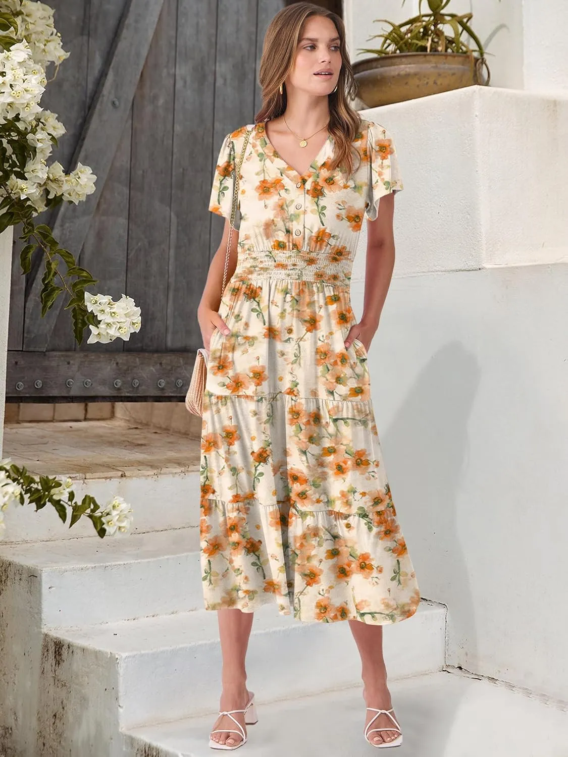 ANRABESS Womens Summer Casual Short Sleeve V Neck Midi Dresses Button Down A Line Flowy Tiered 2025 Boho Beach Dress