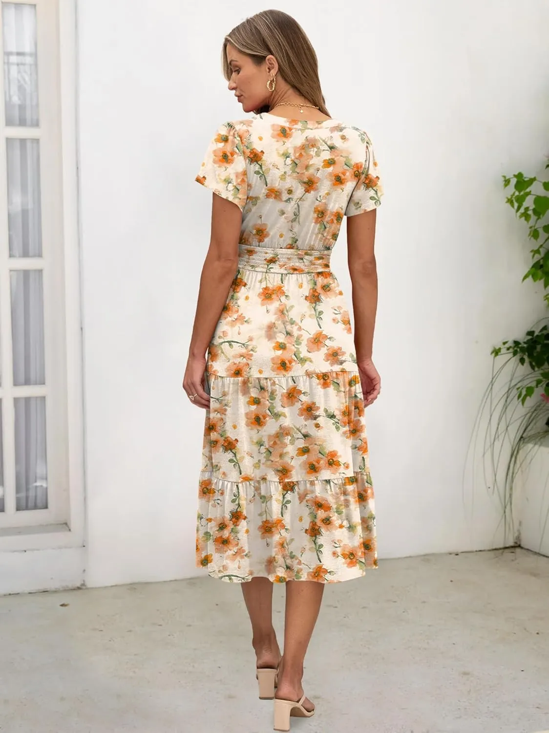 ANRABESS Womens Summer Casual Short Sleeve V Neck Midi Dresses Button Down A Line Flowy Tiered 2025 Boho Beach Dress