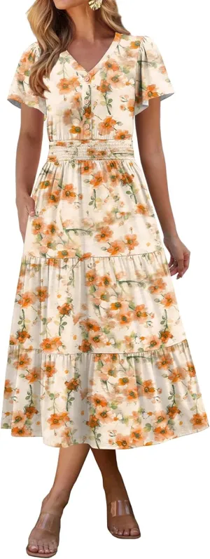 ANRABESS Womens Summer Casual Short Sleeve V Neck Midi Dresses Button Down A Line Flowy Tiered 2025 Boho Beach Dress
