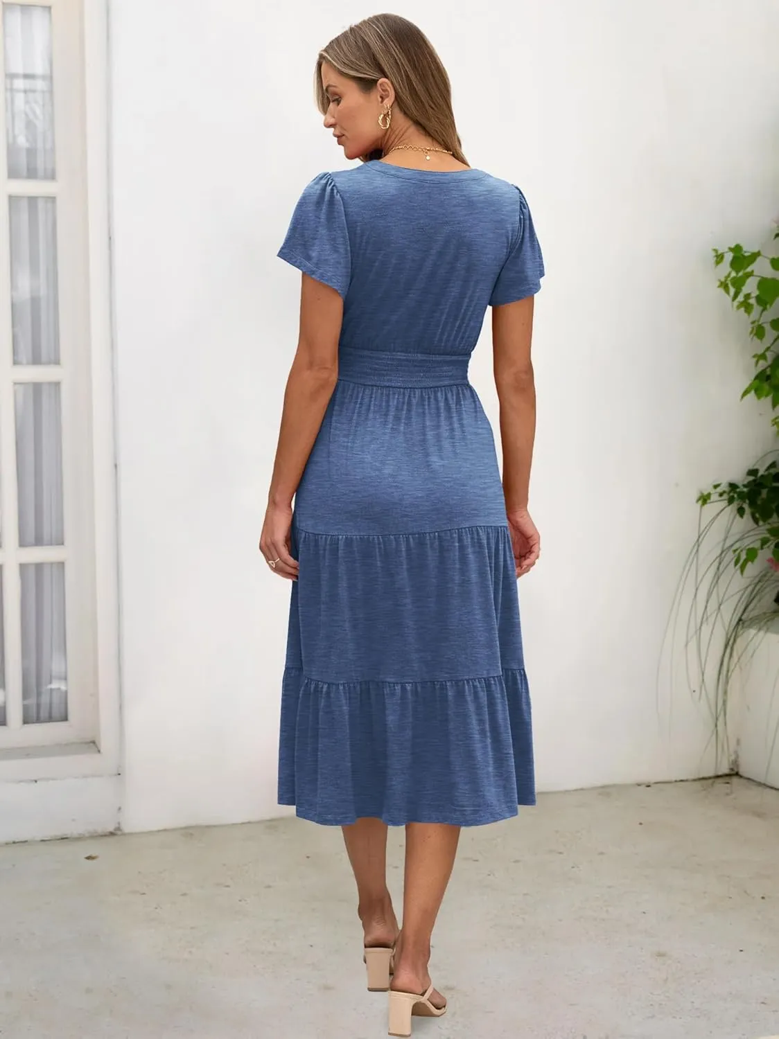 ANRABESS Womens Summer Casual Short Sleeve V Neck Midi Dresses Button Down A Line Flowy Tiered 2025 Boho Beach Dress