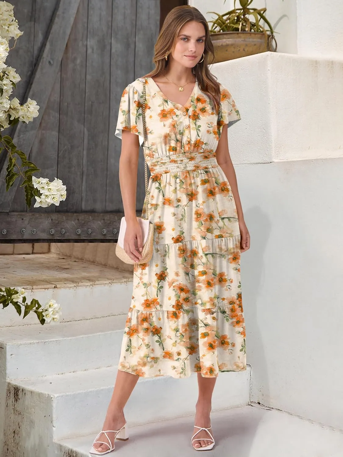 ANRABESS Womens Summer Casual Short Sleeve V Neck Midi Dresses Button Down A Line Flowy Tiered 2025 Boho Beach Dress