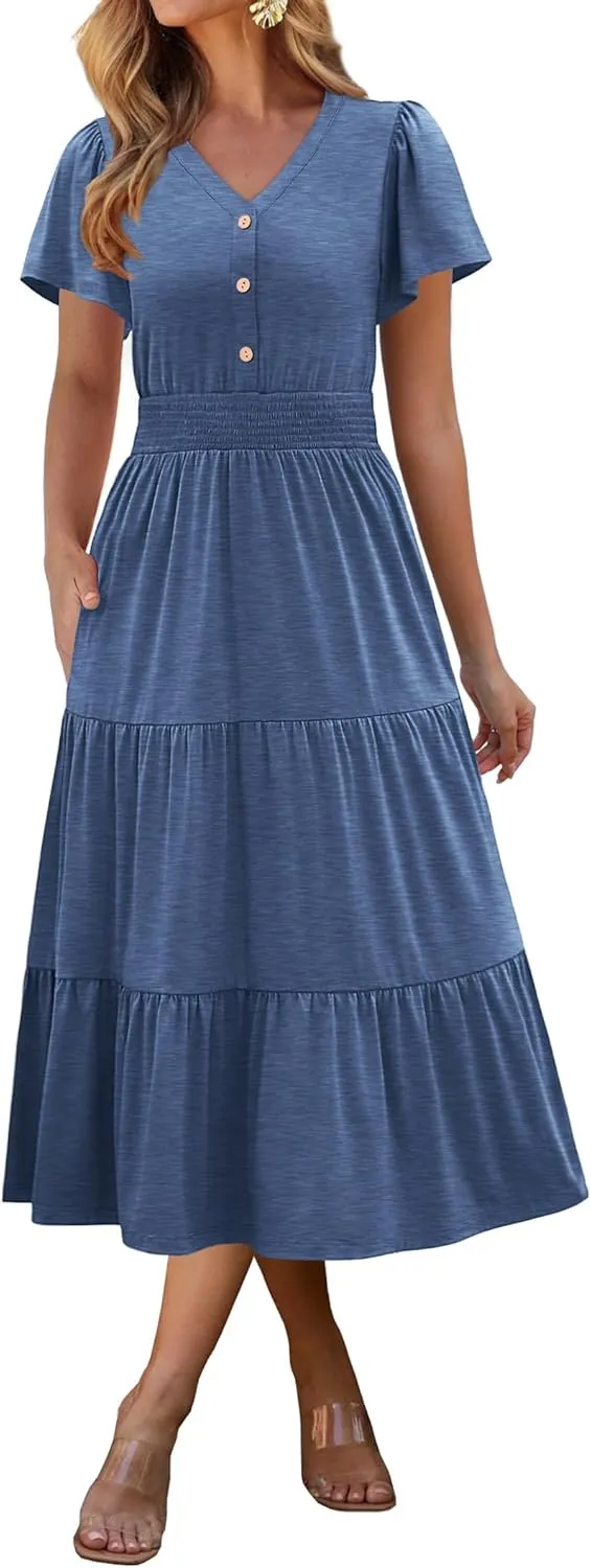 ANRABESS Womens Summer Casual Short Sleeve V Neck Midi Dresses Button Down A Line Flowy Tiered 2025 Boho Beach Dress