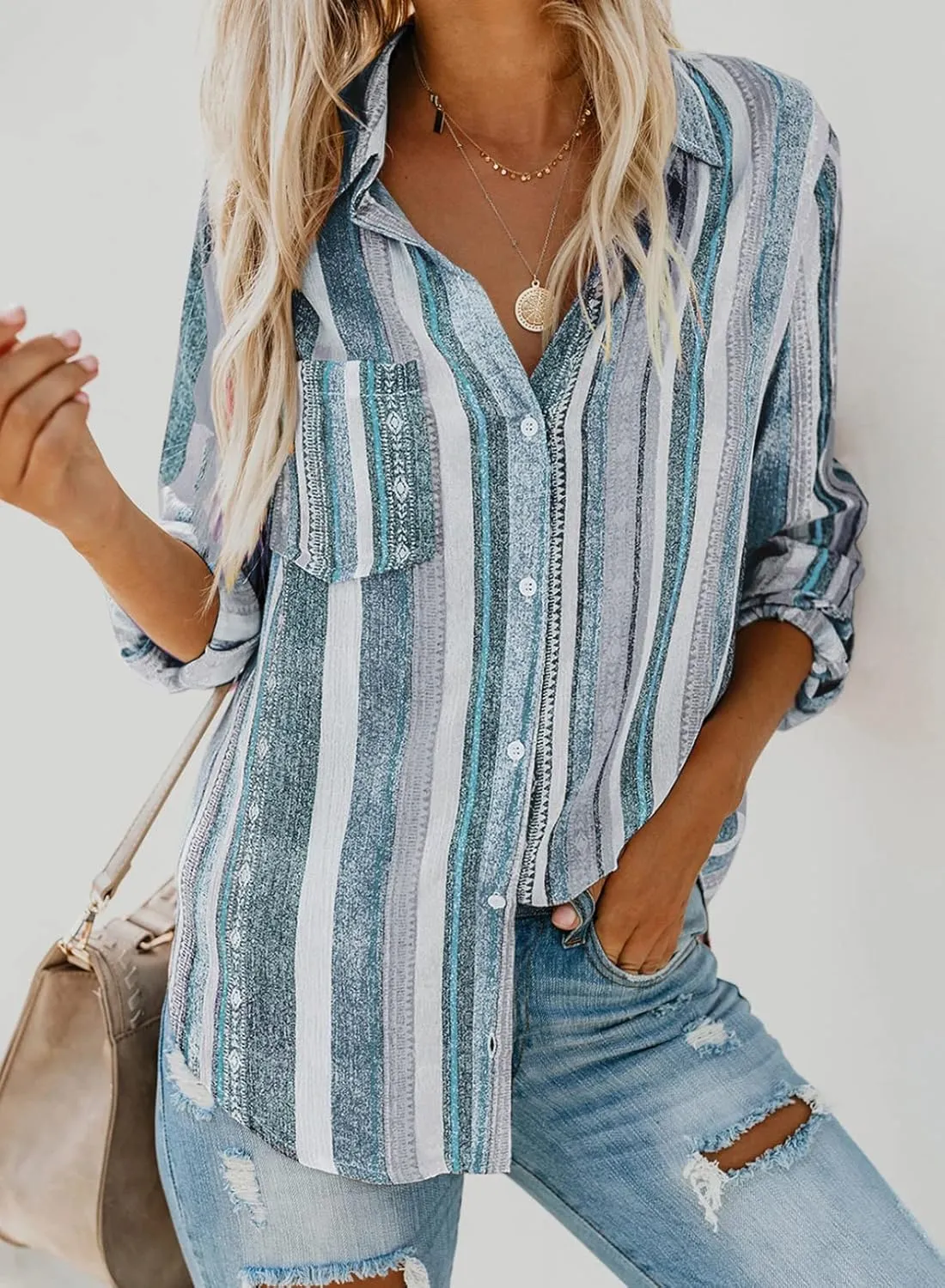 Astylish Women V Neck Striped Roll up Sleeve Button Down Blouse Tops