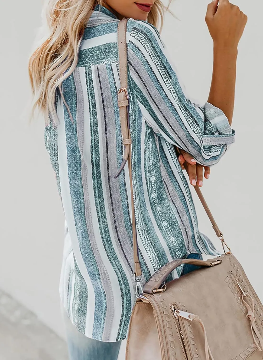 Astylish Women V Neck Striped Roll up Sleeve Button Down Blouse Tops