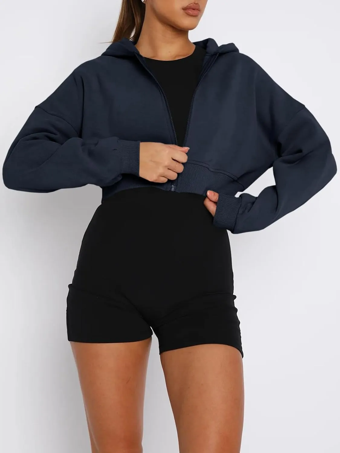 Aurgelmir Women's Cropped Zip Up Hoodie Sweatshirts Long Sleeve Casual Loose Y2K Pullover Tops