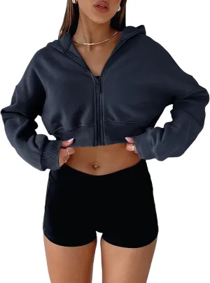 Aurgelmir Women's Cropped Zip Up Hoodie Sweatshirts Long Sleeve Casual Loose Y2K Pullover Tops