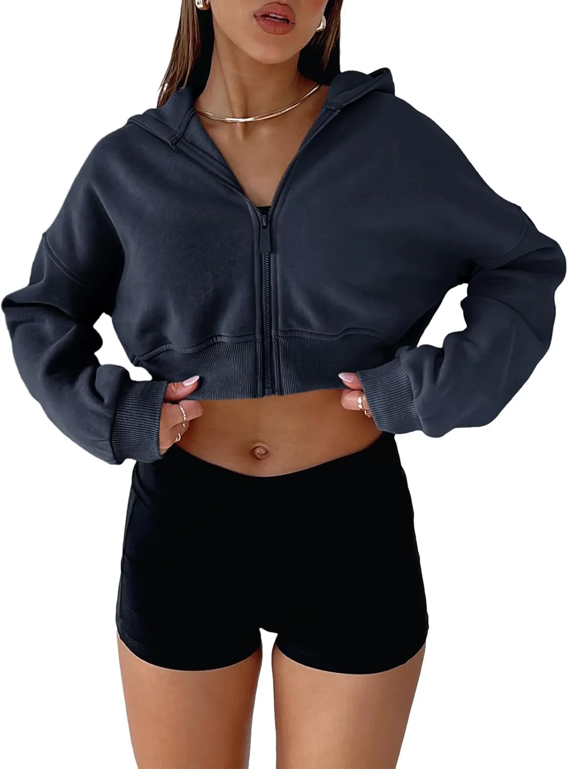 Aurgelmir Women's Cropped Zip Up Hoodie Sweatshirts Long Sleeve Casual Loose Y2K Pullover Tops