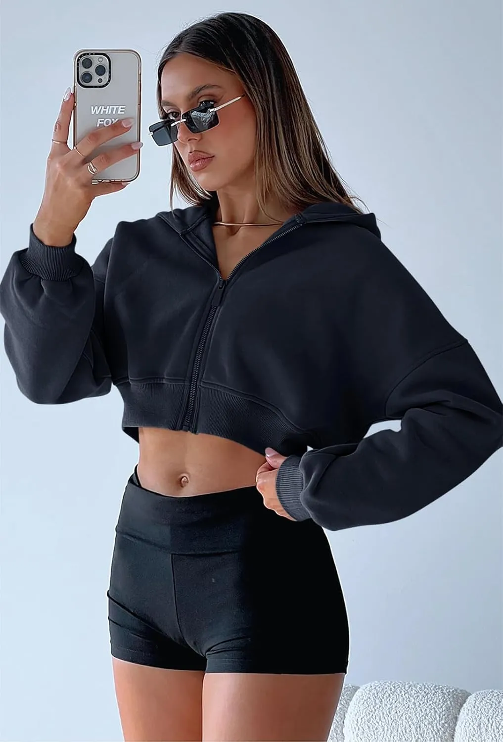 Aurgelmir Women's Cropped Zip Up Hoodie Sweatshirts Long Sleeve Casual Loose Y2K Pullover Tops