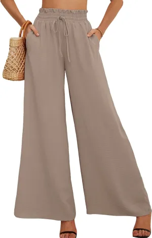 AusLook Women's Wide Leg Dress Pants with Pockets Lightweight High Waisted Adjustable Tie Knot Loose Lounge Trousers