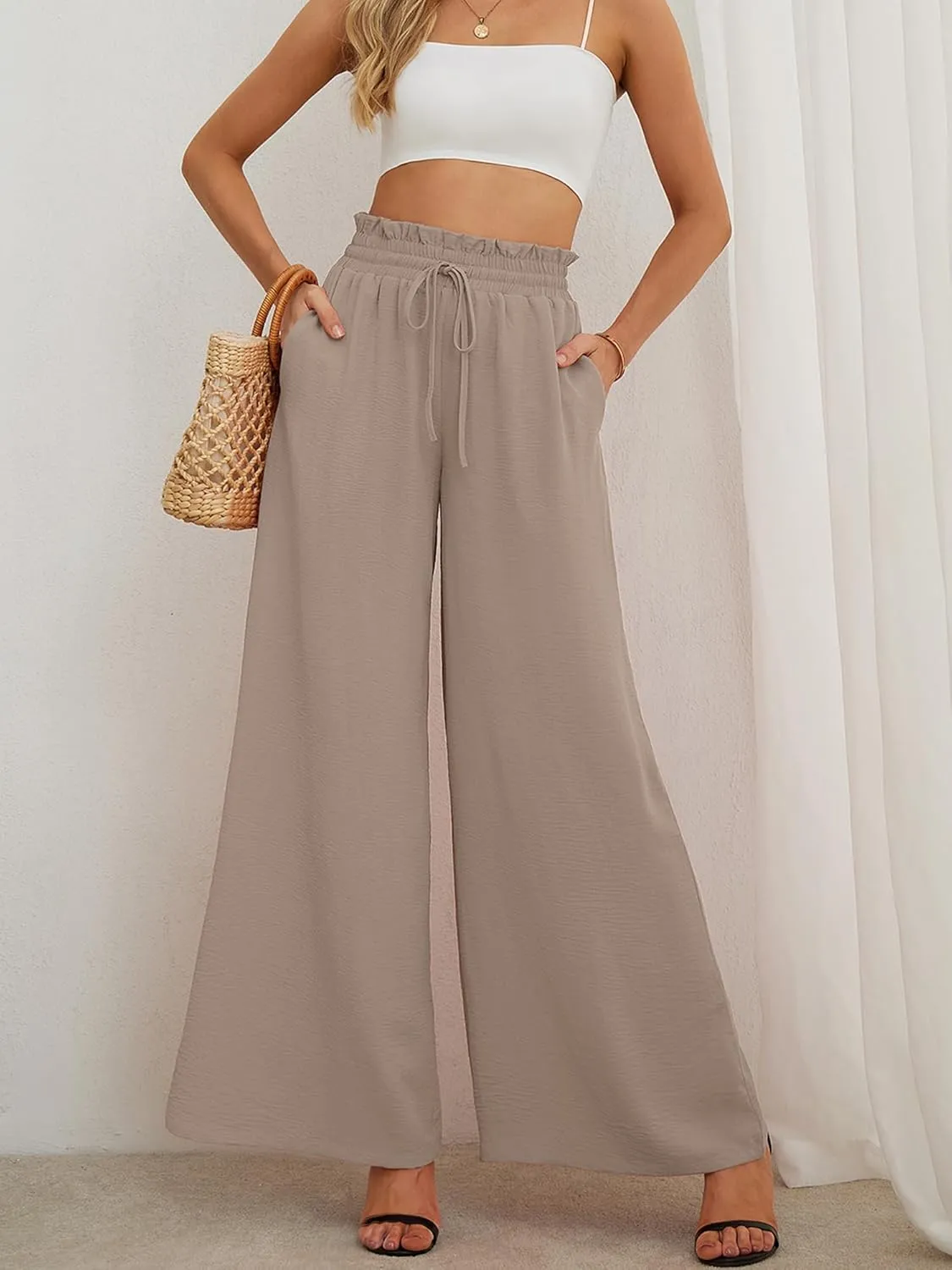 AusLook Women's Wide Leg Dress Pants with Pockets Lightweight High Waisted Adjustable Tie Knot Loose Lounge Trousers