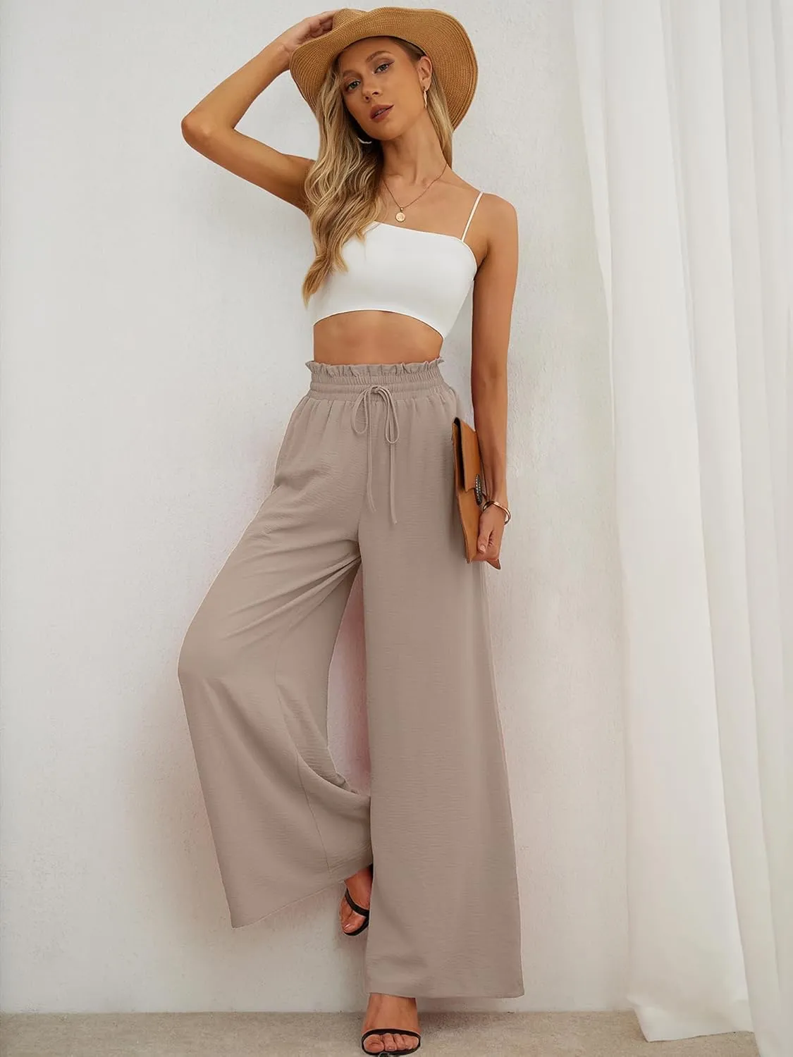 AusLook Women's Wide Leg Dress Pants with Pockets Lightweight High Waisted Adjustable Tie Knot Loose Lounge Trousers