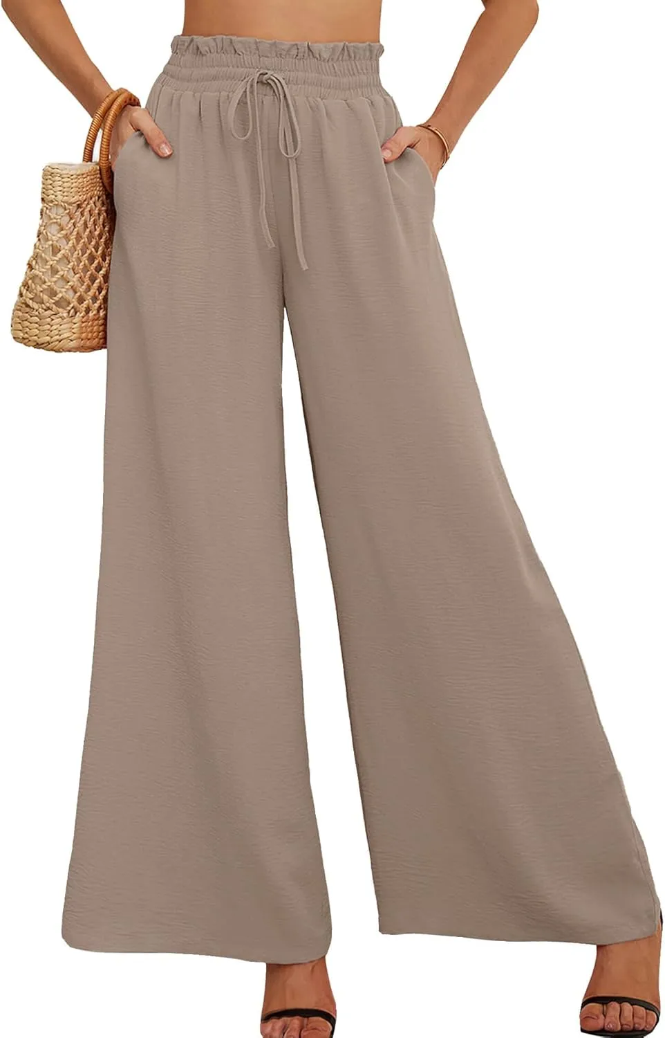 AusLook Women's Wide Leg Dress Pants with Pockets Lightweight High Waisted Adjustable Tie Knot Loose Lounge Trousers