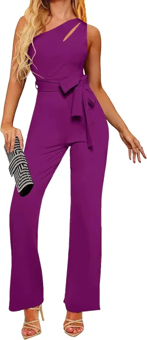 AUXDIO Womens Summer One Shoulder Cutout Elegant Casual Sleeveless High Waist Belted Wide Leg Jumpsuits