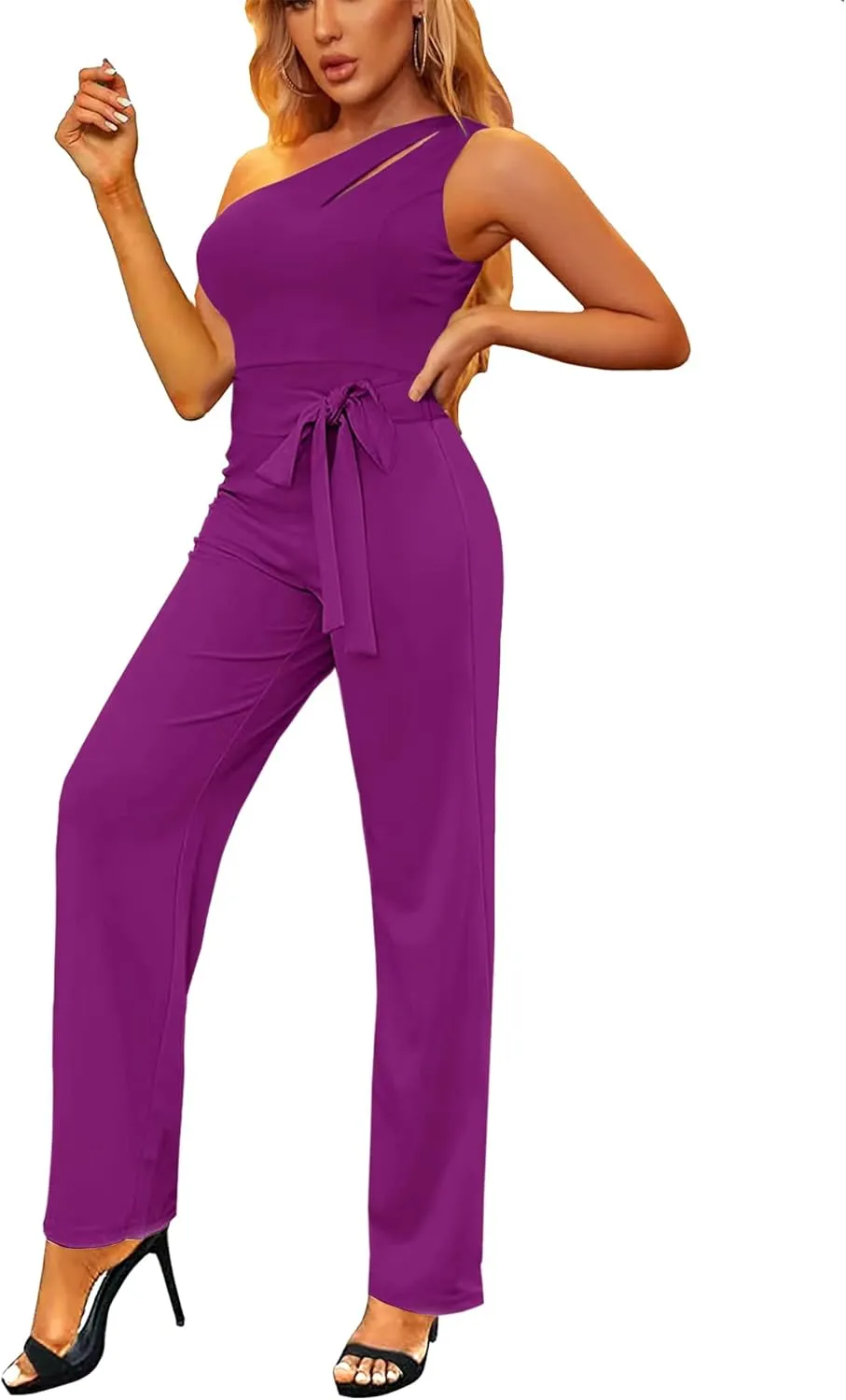 AUXDIO Womens Summer One Shoulder Cutout Elegant Casual Sleeveless High Waist Belted Wide Leg Jumpsuits